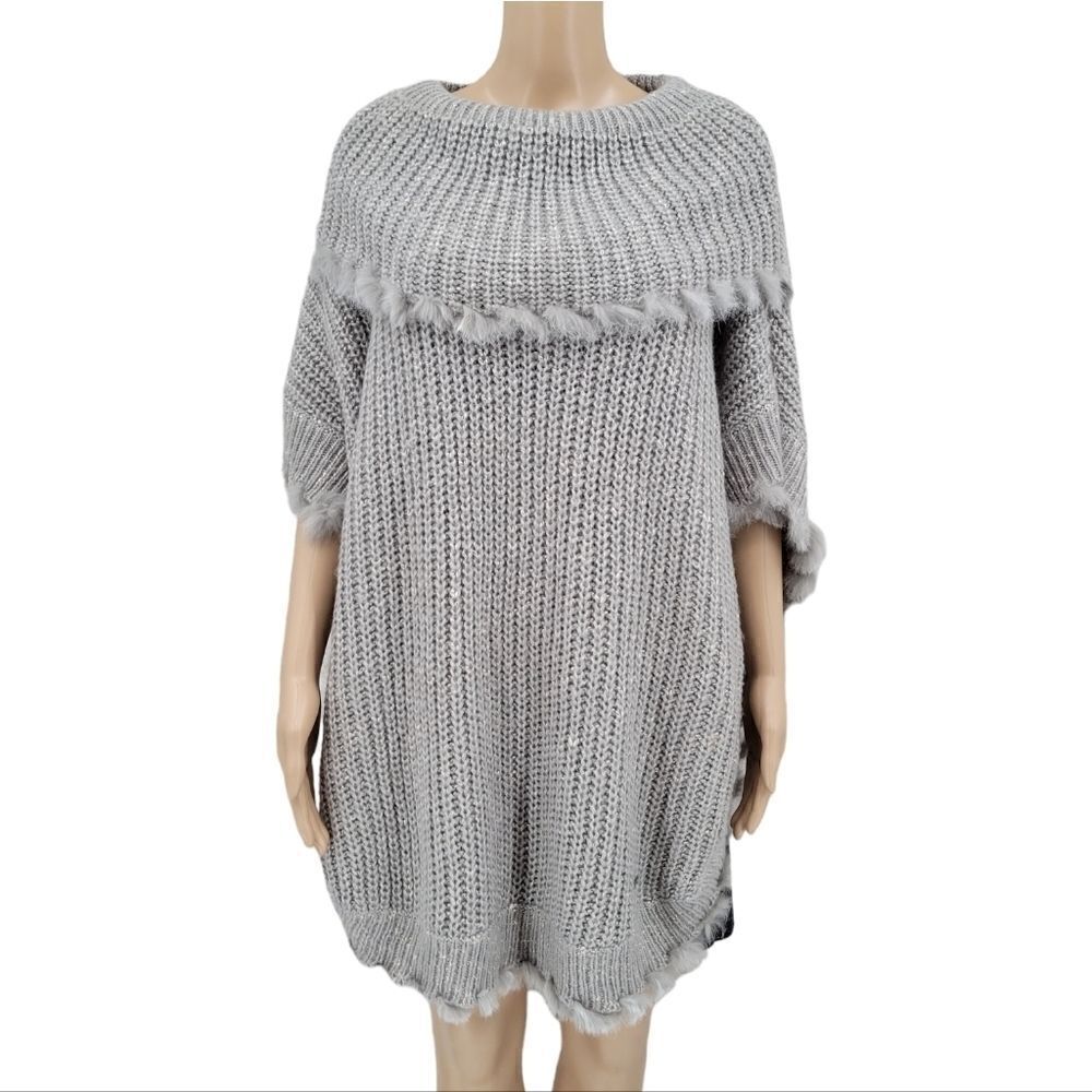 Picadilly Gray Shawl Collar Poncho Sweater Rabbit Fur Trim Women's Plus Size XXL